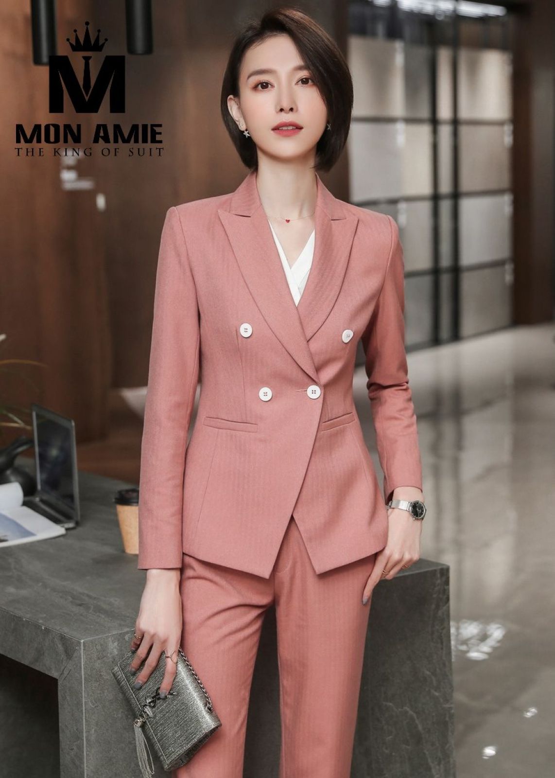 Coral Double Breasted Business Suit With Trousers 